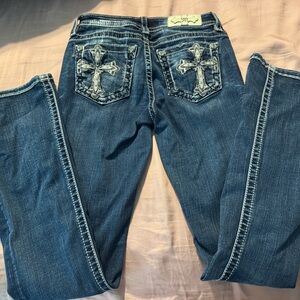 Miss Me Dark Blue Boot Cut Jeans with Cross Embroidery